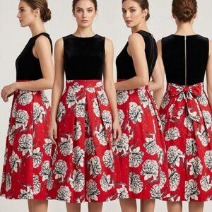 Closet London Black & Red Floral Pleated Midi Dress with Back Bow - Size 8